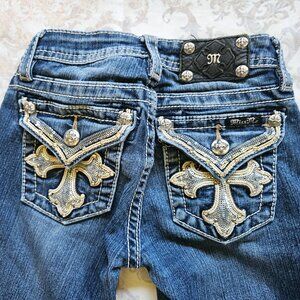 Girls Miss Me Boot Cut Jeans 12 Distressed Bling Sequin Cross Pockets Low Rise